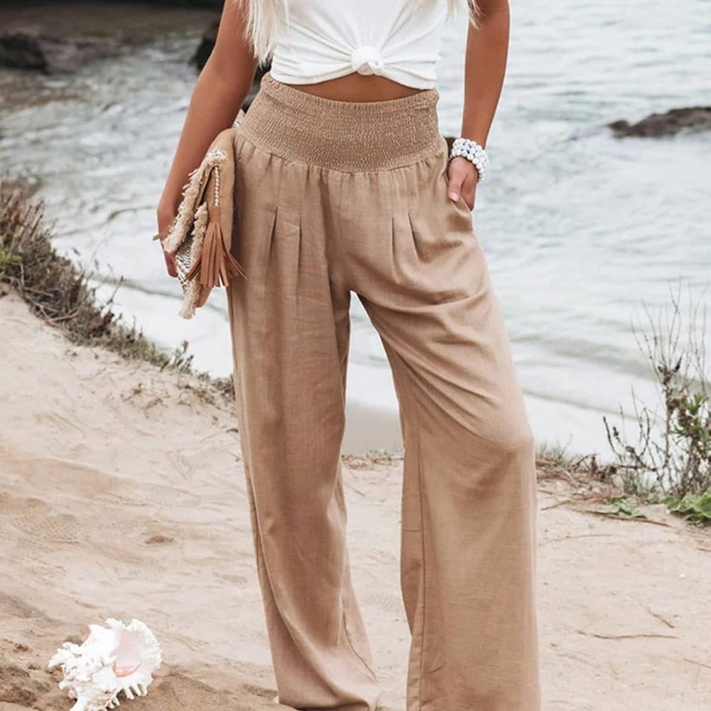 Vansha Women's Cotton Linen Palazzo Pants in Khaki Medium